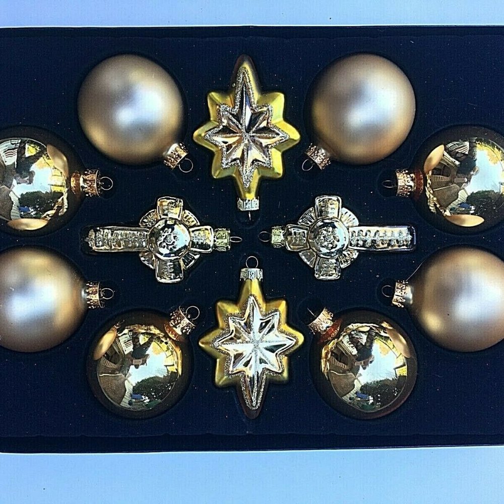 Holiday Home Glass Christmas Ornament Set Of 12 Gold Star Cross NIB opened     